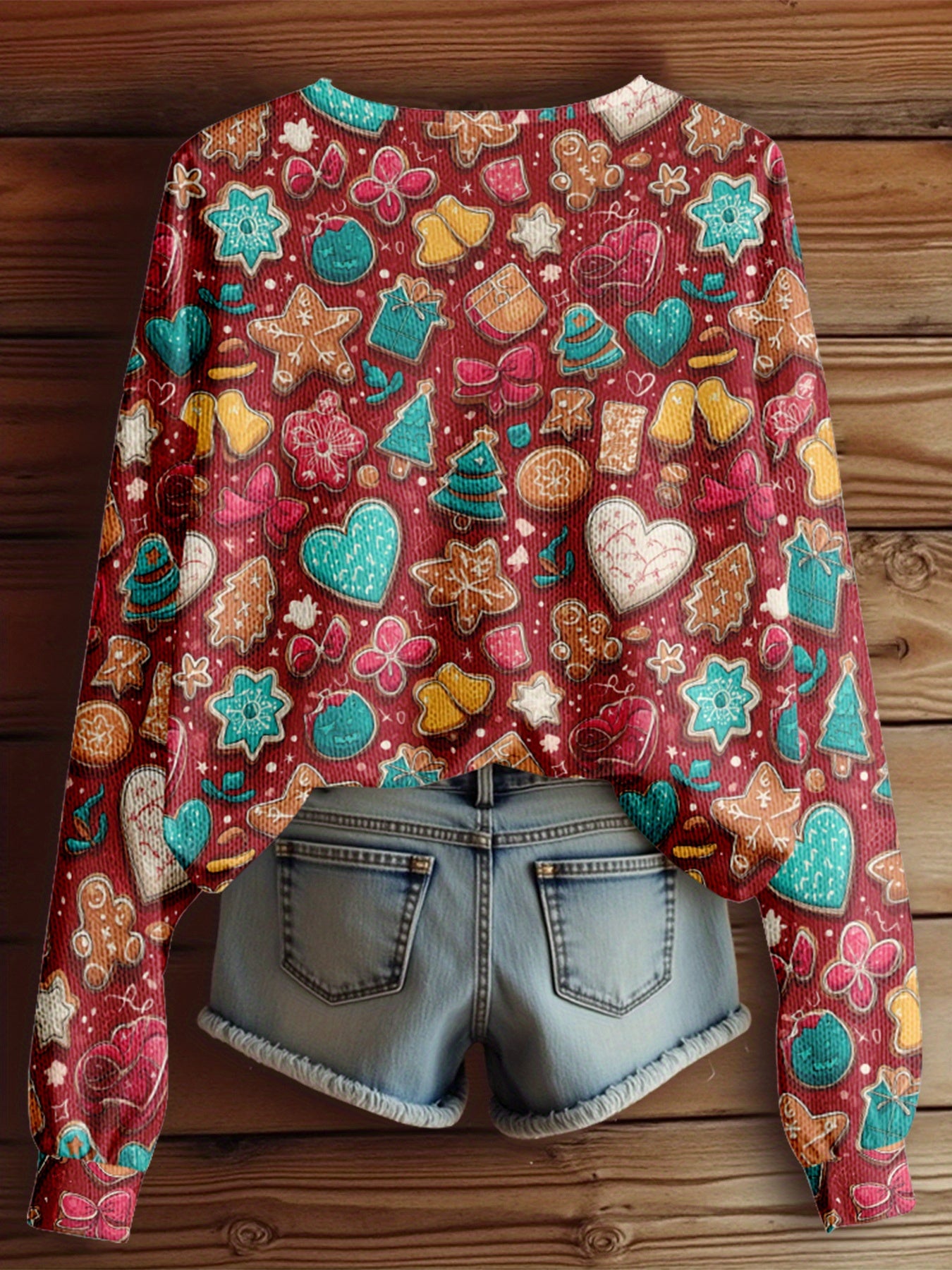 Dreamcore Plus-Size Women’s V-Neck Sweater Jacket: Retro Colorful Heart & Gingerbread Print (Turquoise/Red/Pink) – Soft Loose Winter Outerwear, Like a Sweet Childhood Daydream (Casual/Office/Outdoor, Washable)