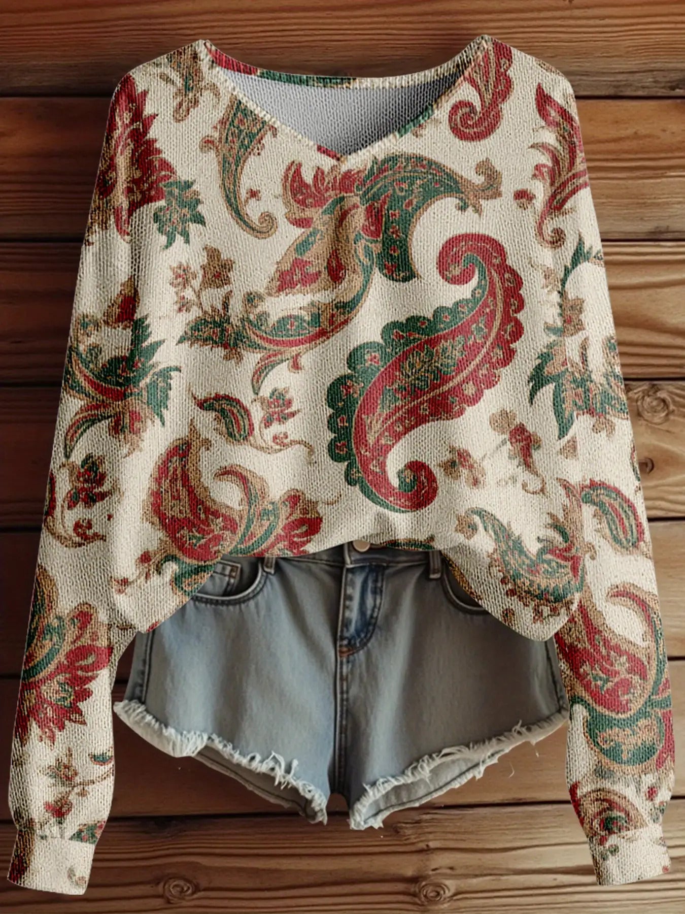 Dreamcore Plus Size Women's French Street Style Sweater Jacket: 3D Retro Paisley Print, V-Neck & Asymmetric Hem – Soft Loose Winter Outerwear, Like a Nostalgic Childhood Whisper