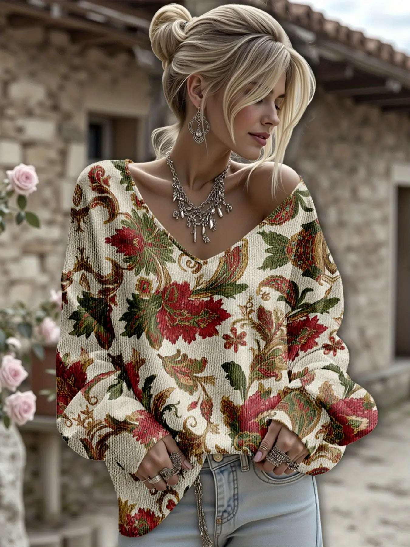 Dreamcore Women’s Plus-Size Knit Hoodie: French Street Vibe, 3D Retro Floral Print – V-Neck & Drop Shoulders, Soft Loose Spring/Autumn Outerwear, Like a Gentle Childhood Daydream (Daily/Work/Commute)