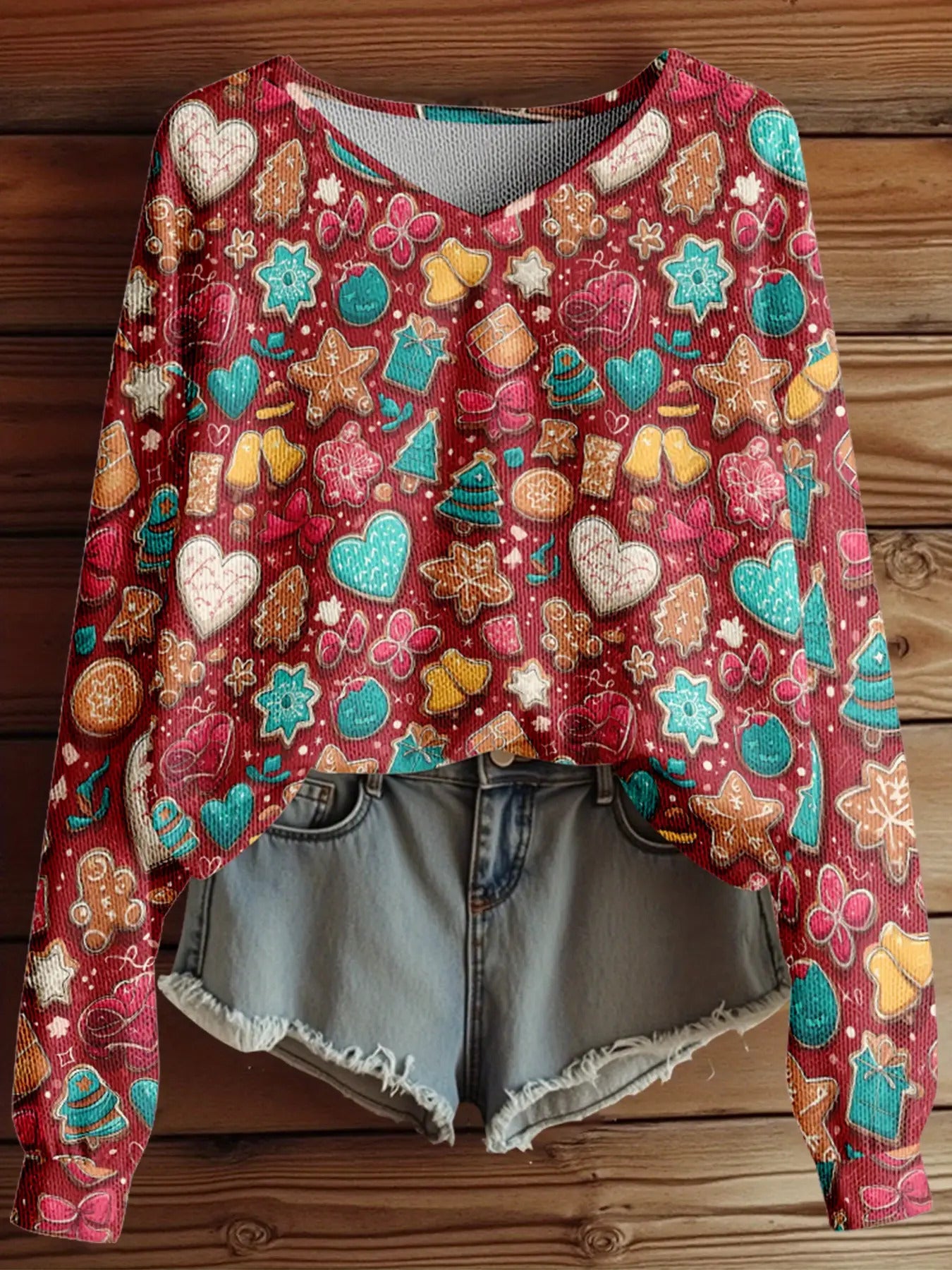 Dreamcore Plus-Size Women’s V-Neck Sweater Jacket: Retro Colorful Heart & Gingerbread Print (Turquoise/Red/Pink) – Soft Loose Winter Outerwear, Like a Sweet Childhood Daydream (Casual/Office/Outdoor, Washable)