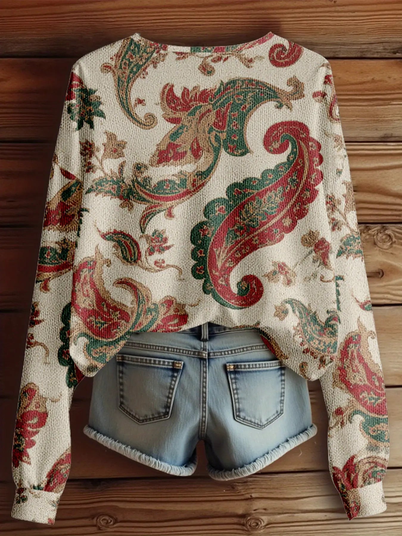 Dreamcore Plus Size Women's French Street Style Sweater Jacket: 3D Retro Paisley Print, V-Neck & Asymmetric Hem – Soft Loose Winter Outerwear, Like a Nostalgic Childhood Whisper