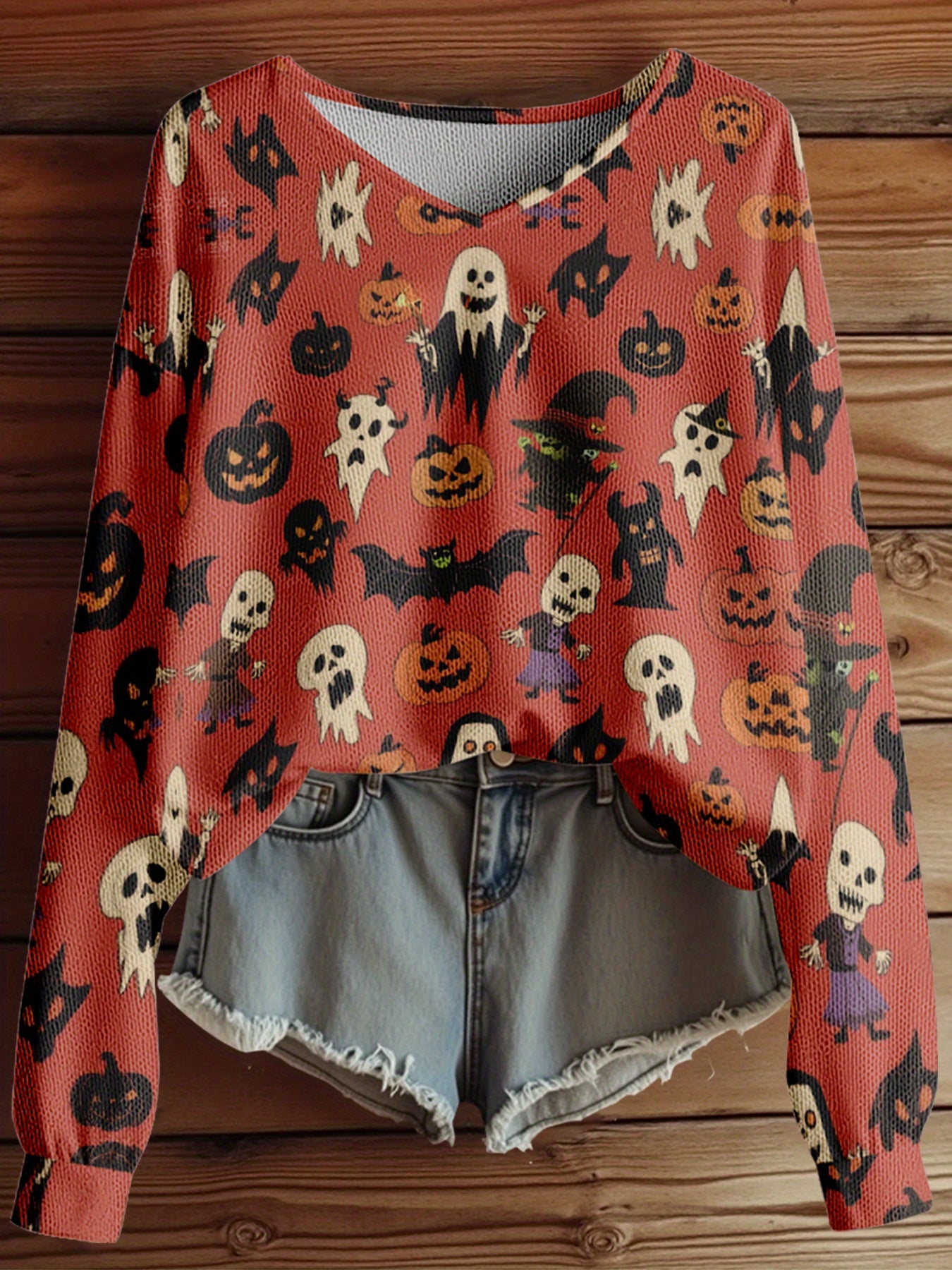 Dreamcore Plus-Size Women’s V-Neck Sweater Jacket: Gothic Halloween 3D Retro Print – Full-Zip Front, Soft Loose Autumn/Winter Outerwear, Like a Whisper of Childhood Spooky Dreams (Casual/Office/Costume Party)