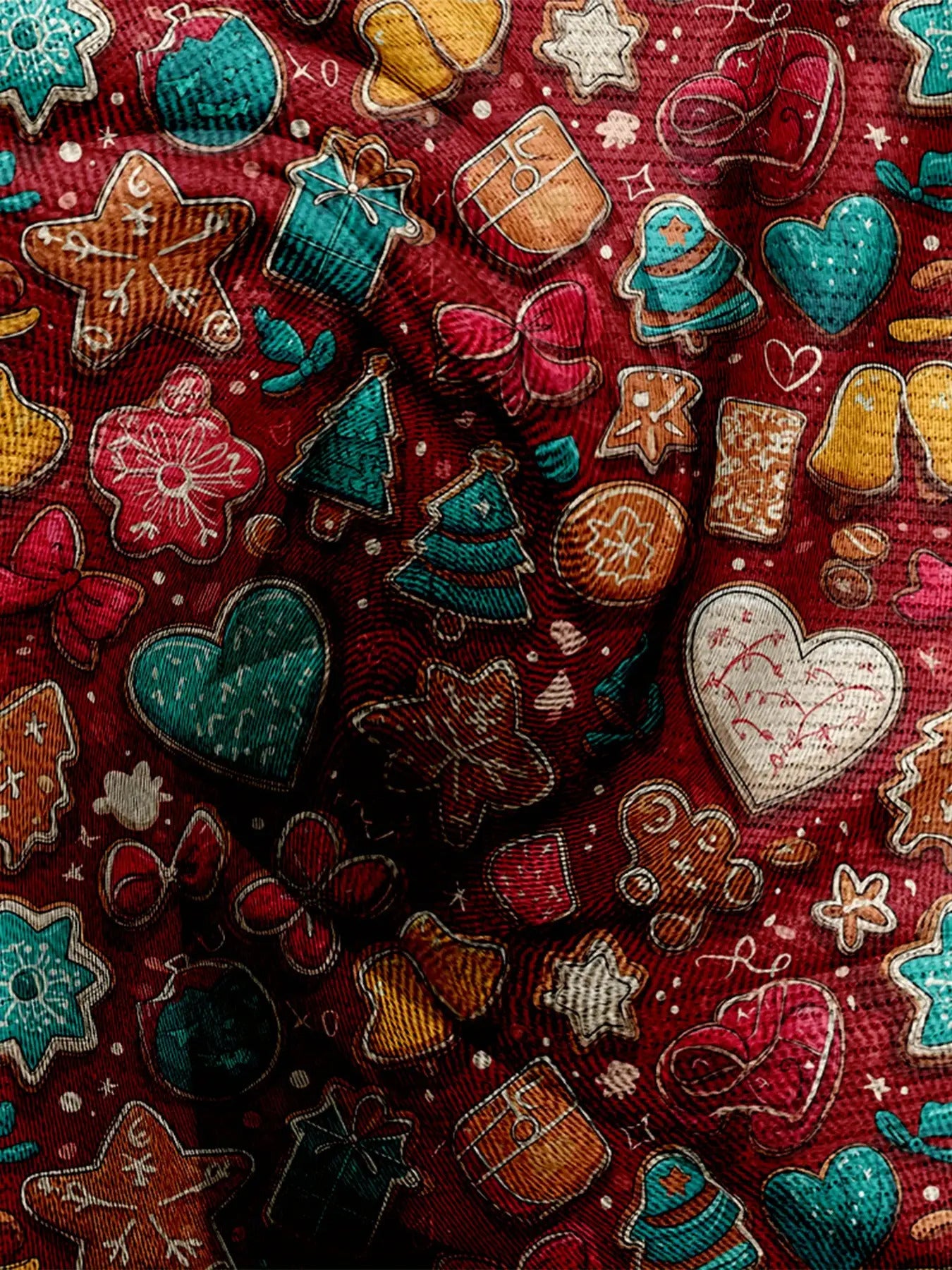 Dreamcore Plus-Size Women’s V-Neck Sweater Jacket: Retro Colorful Heart & Gingerbread Print (Turquoise/Red/Pink) – Soft Loose Winter Outerwear, Like a Sweet Childhood Daydream (Casual/Office/Outdoor, Washable)