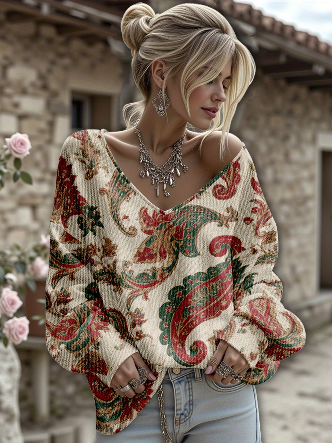 Dreamcore Plus Size Women's French Street Style Sweater Jacket: 3D Retro Paisley Print, V-Neck & Asymmetric Hem – Soft Loose Winter Outerwear, Like a Nostalgic Childhood Whisper