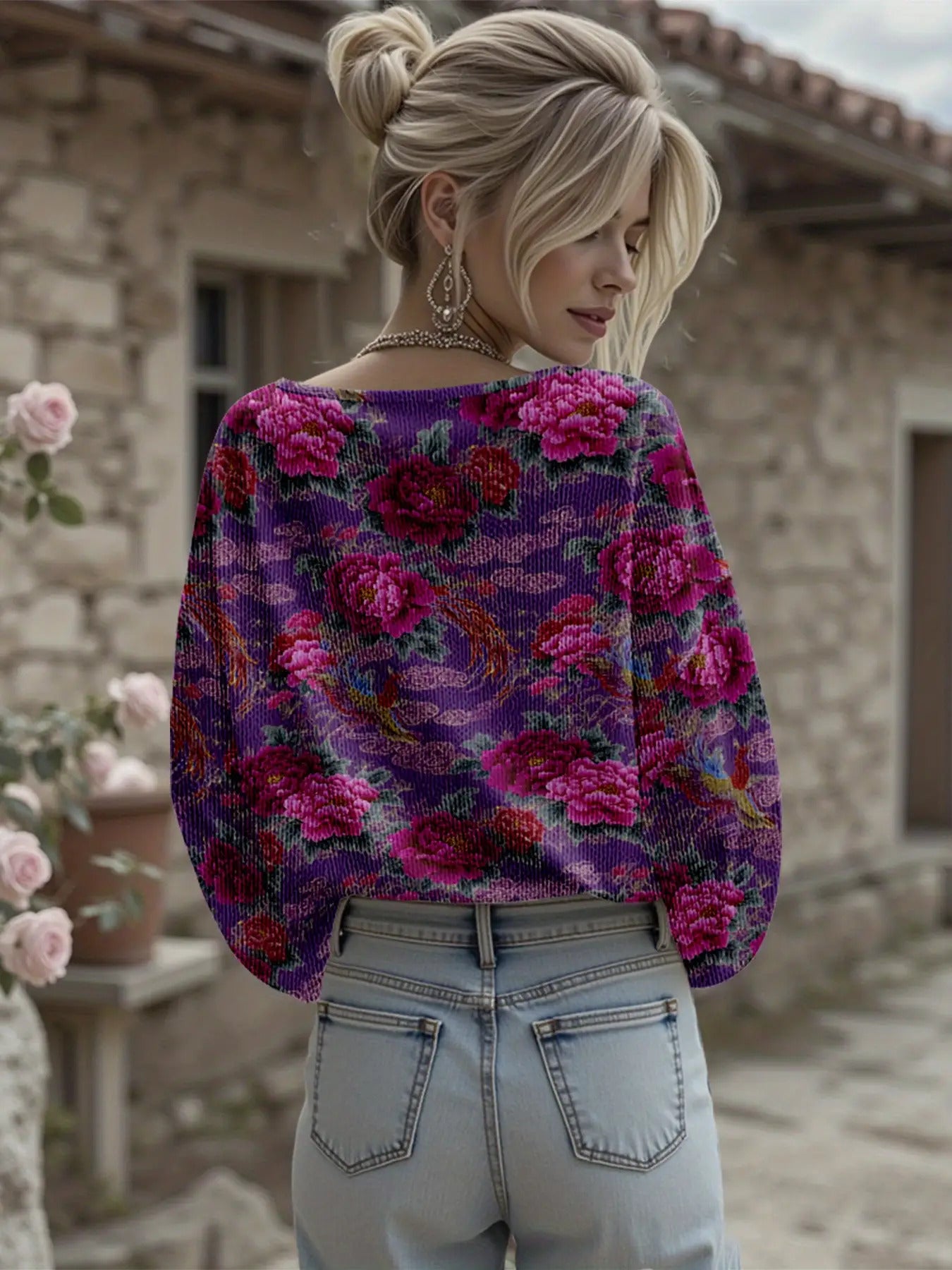 Dreamcore Women’s Plus-Size Knit Jacket: French Floral Print, V-Neck & Drop Shoulders – Soft Spring/Autumn Wear, Like a Nostalgic Childhood Daydream Travel Women’s Top European and American Loose Plus-Size Women’s Clothing