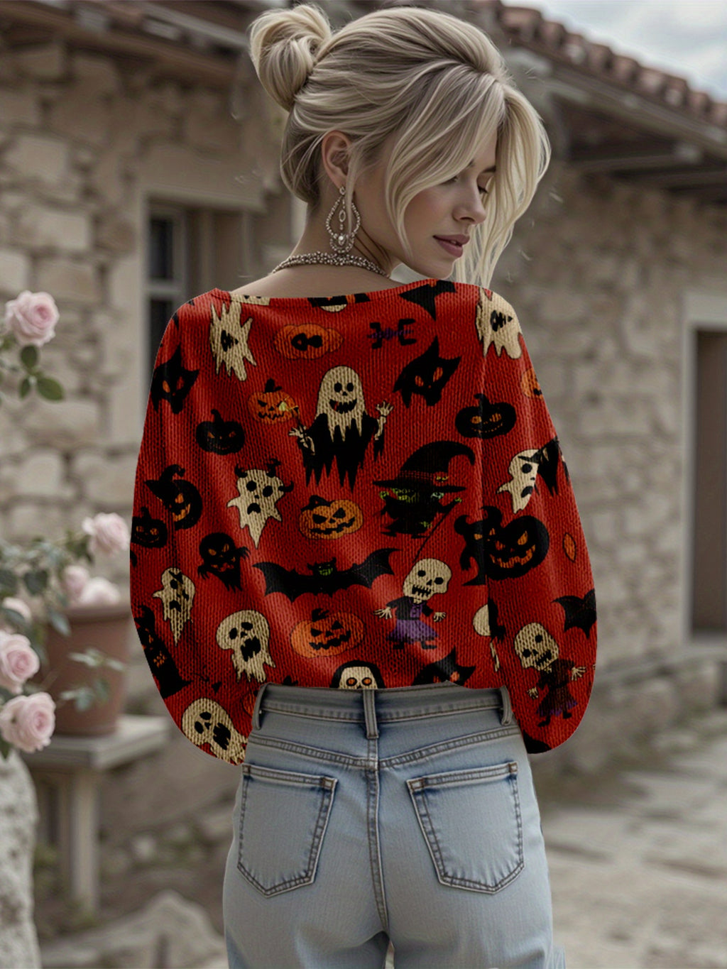 Dreamcore Plus-Size Women’s V-Neck Sweater Jacket: Gothic Halloween 3D Retro Print – Full-Zip Front, Soft Loose Autumn/Winter Outerwear, Like a Whisper of Childhood Spooky Dreams (Casual/Office/Costume Party)