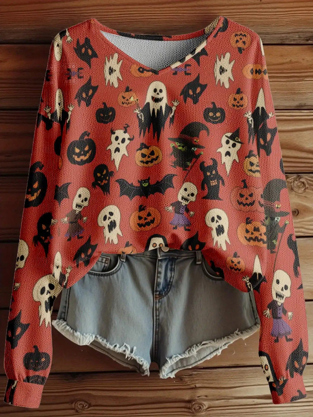 Dreamcore Plus-Size Women’s V-Neck Sweater Jacket: Gothic Halloween 3D Retro Print – Full-Zip Front, Soft Loose Autumn/Winter Outerwear, Like a Whisper of Childhood Spooky Dreams (Casual/Office/Costume Party)