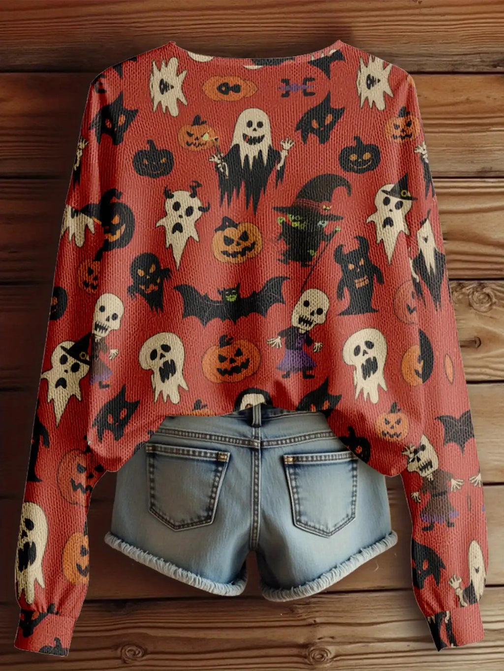 Dreamcore Plus-Size Women’s V-Neck Sweater Jacket: Gothic Halloween 3D Retro Print – Full-Zip Front, Soft Loose Autumn/Winter Outerwear, Like a Whisper of Childhood Spooky Dreams (Casual/Office/Costume Party)