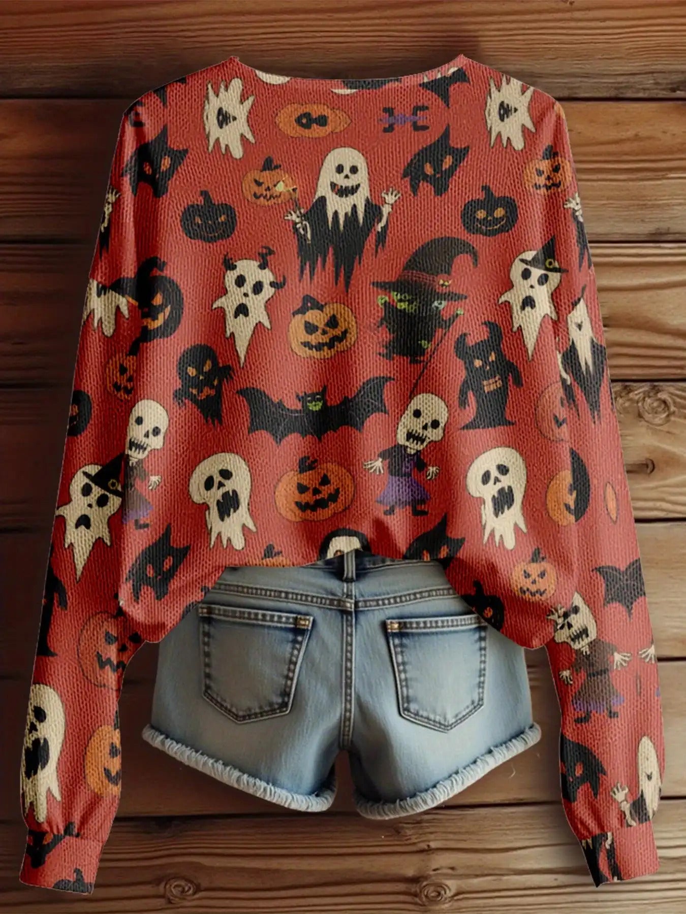 Dreamcore Plus-Size Women’s V-Neck Sweater Jacket: Gothic Halloween 3D Retro Print – Full-Zip Front, Soft Loose Autumn/Winter Outerwear, Like a Whisper of Childhood Spooky Dreams (Casual/Office/Costume Party)