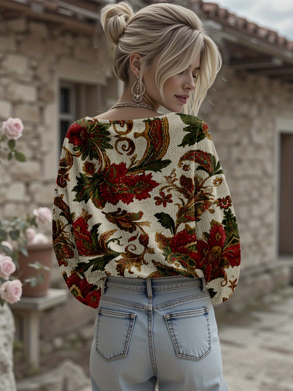 Dreamcore Women’s Plus-Size Knit Hoodie: French Street Vibe, 3D Retro Floral Print – V-Neck & Drop Shoulders, Soft Loose Spring/Autumn Outerwear, Like a Gentle Childhood Daydream (Daily/Work/Commute)