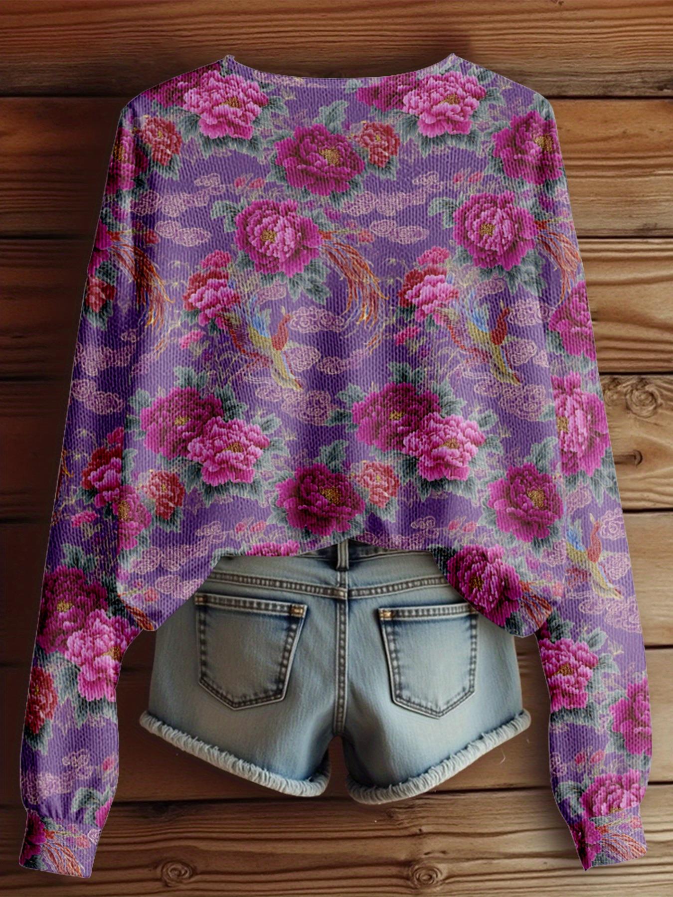 Dreamcore Women’s Plus-Size Knit Jacket: French Floral Print, V-Neck & Drop Shoulders – Soft Spring/Autumn Wear, Like a Nostalgic Childhood Daydream Travel Women’s Top European and American Loose Plus-Size Women’s Clothing