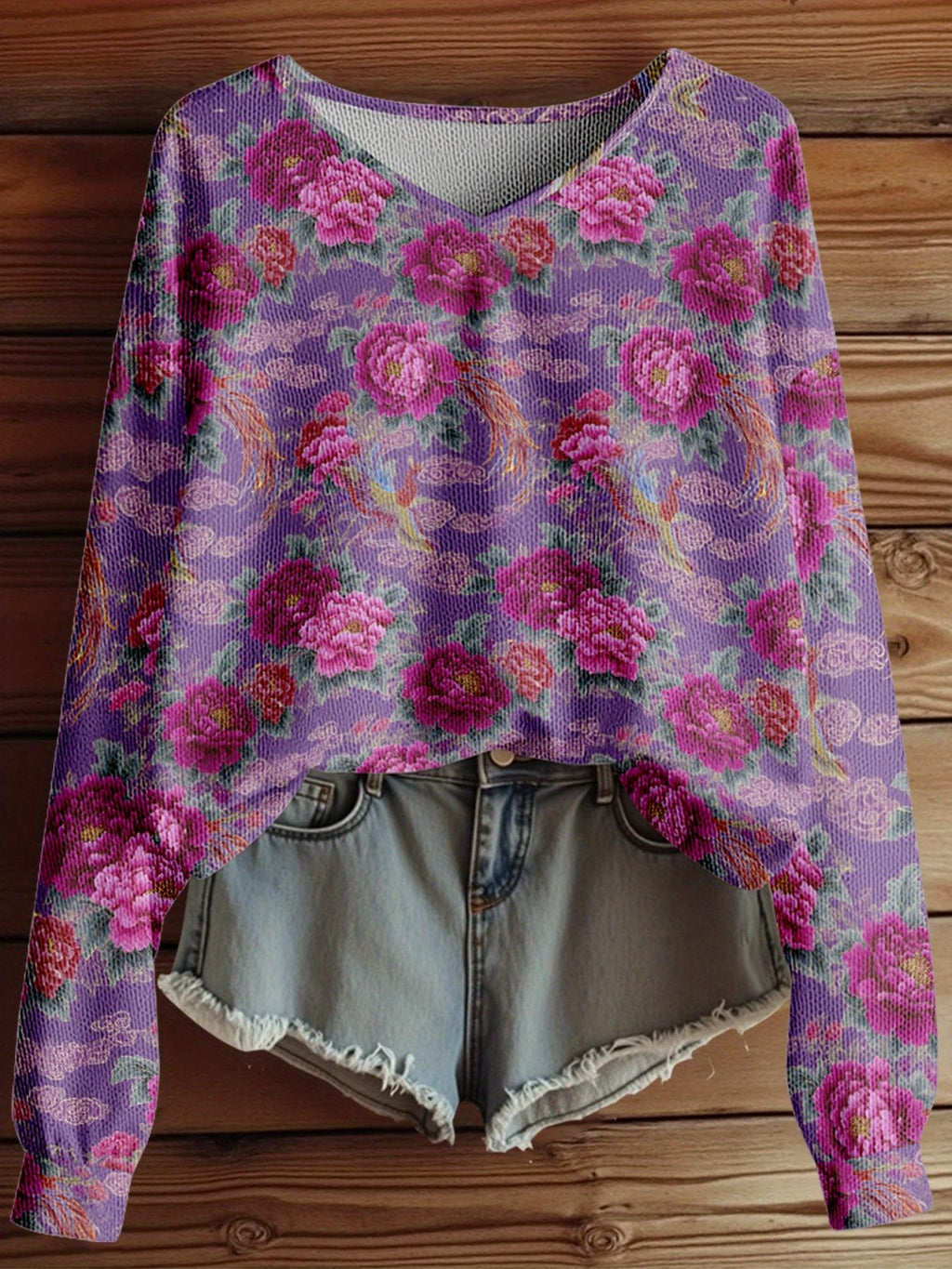 Dreamcore Women’s Plus-Size Knit Jacket: French Floral Print, V-Neck & Drop Shoulders – Soft Spring/Autumn Wear, Like a Nostalgic Childhood Daydream Travel Women’s Top European and American Loose Plus-Size Women’s Clothing