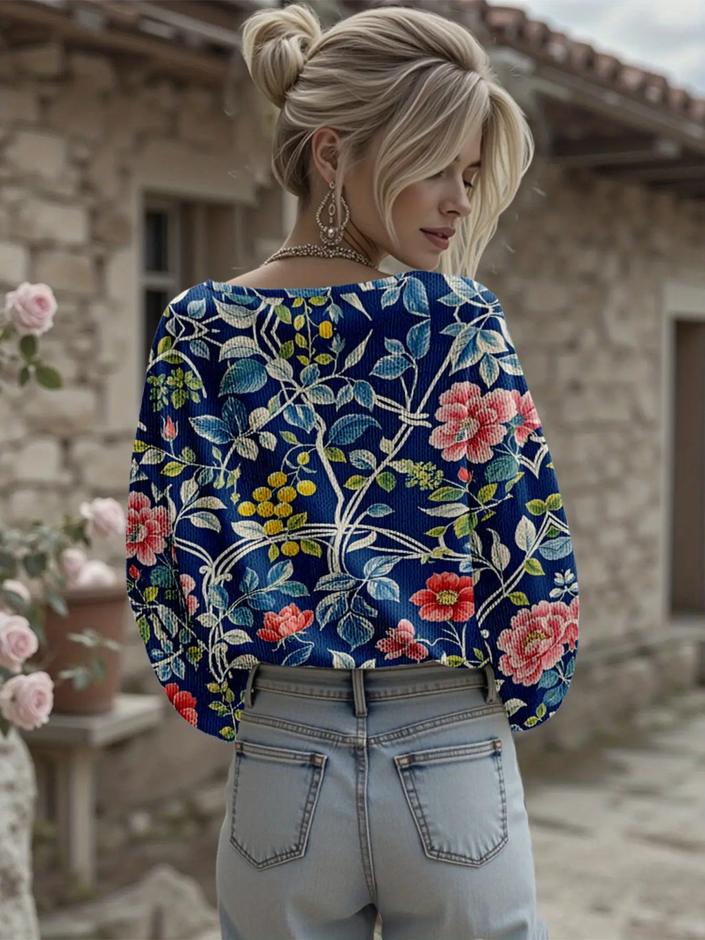 Dreamcore Plus-Size Sweater Jacket: French-Inspired V-Neck, 3D Floral Print & Asymmetric Hem – Soft Winter Warmth, Like a Childhood Dream in Pastels (White/Pink/Green/Blue)