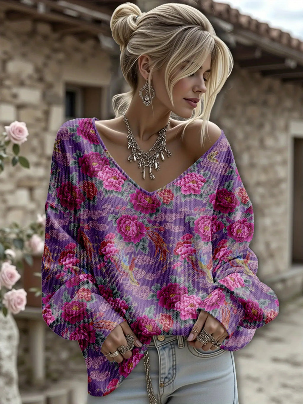 Dreamcore Women’s Plus-Size Knit Jacket: French Floral Print, V-Neck & Drop Shoulders – Soft Spring/Autumn Wear, Like a Nostalgic Childhood Daydream Travel Women’s Top European and American Loose Plus-Size Women’s Clothing