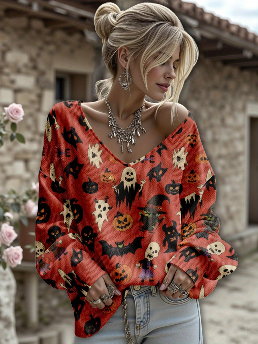 Dreamcore Plus-Size Women’s V-Neck Sweater Jacket: Gothic Halloween 3D Retro Print – Full-Zip Front, Soft Loose Autumn/Winter Outerwear, Like a Whisper of Childhood Spooky Dreams (Casual/Office/Costume Party)