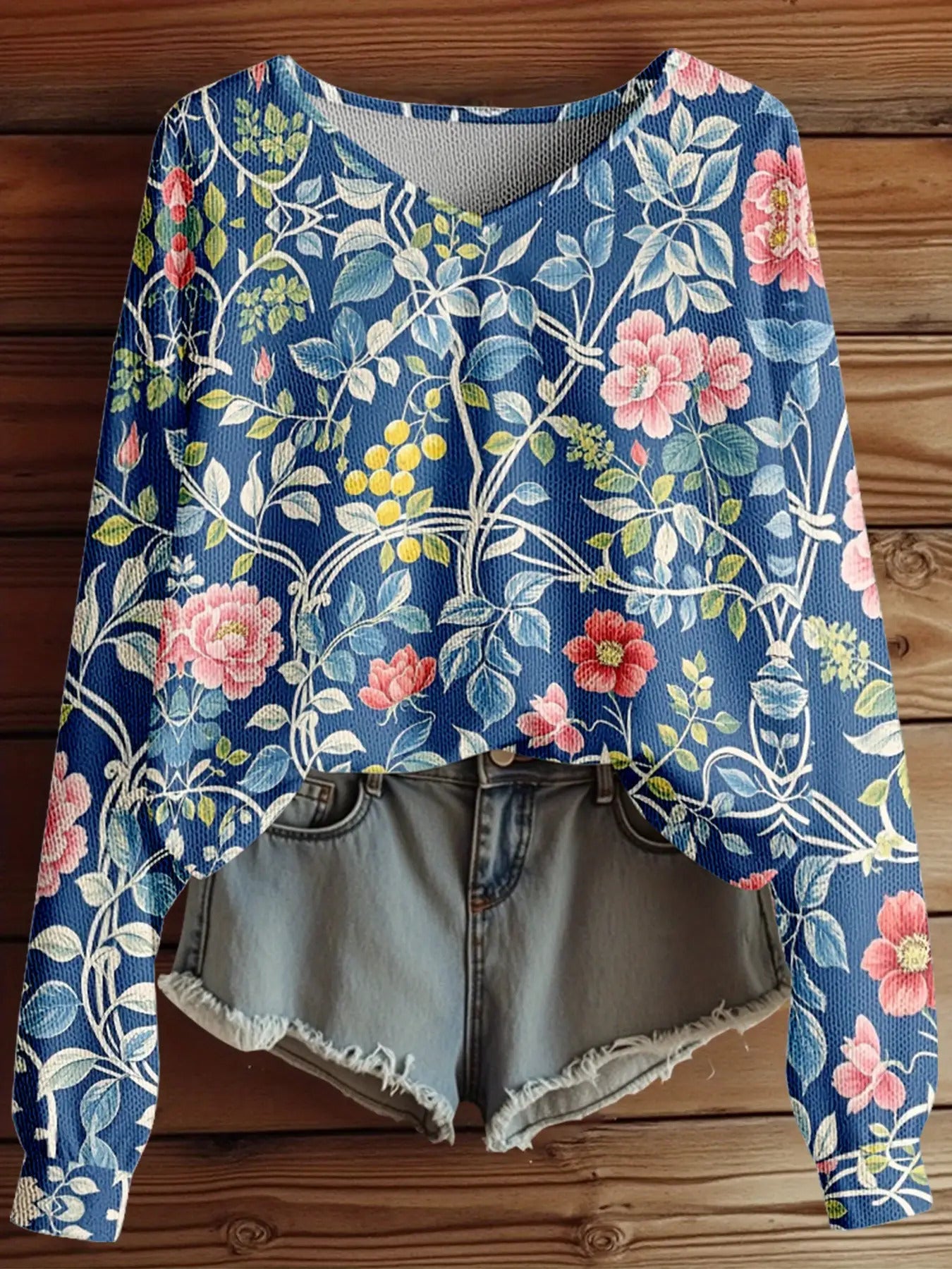 Dreamcore Plus-Size Sweater Jacket: French-Inspired V-Neck, 3D Floral Print & Asymmetric Hem – Soft Winter Warmth, Like a Childhood Dream in Pastels (White/Pink/Green/Blue)