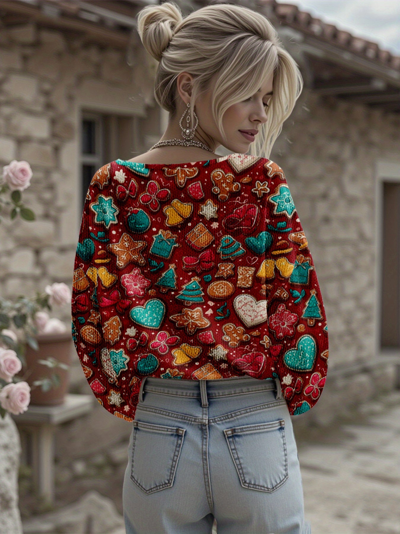 Dreamcore Plus-Size Women’s V-Neck Sweater Jacket: Retro Colorful Heart & Gingerbread Print (Turquoise/Red/Pink) – Soft Loose Winter Outerwear, Like a Sweet Childhood Daydream (Casual/Office/Outdoor, Washable)