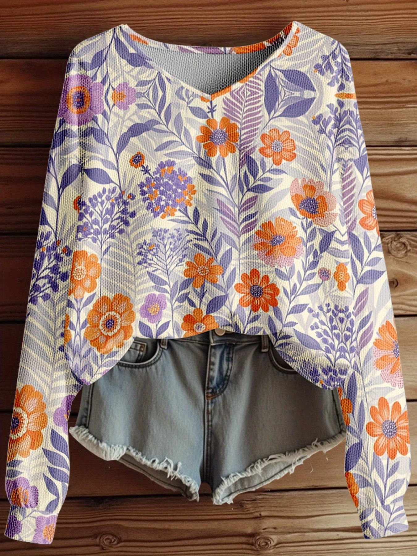 Dreamcore Plus-Size Women’s Sweater Jacket: French Street Vibe, V-Neck & Asymmetric Hem – Soft Multicolor Floral Print, Winter Warmth Like a Childhood Daydream (Pink/Orange/Purple/Green/Yellow)