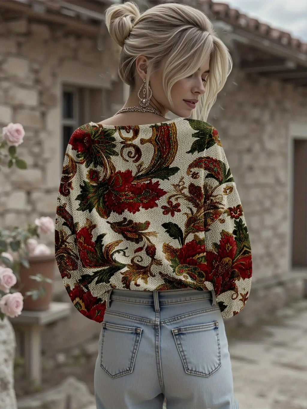 Dreamcore Women’s Plus-Size Knit Hoodie: French Street Vibe, 3D Retro Floral Print – V-Neck & Drop Shoulders, Soft Loose Spring/Autumn Outerwear, Like a Gentle Childhood Daydream (Daily/Work/Commute)