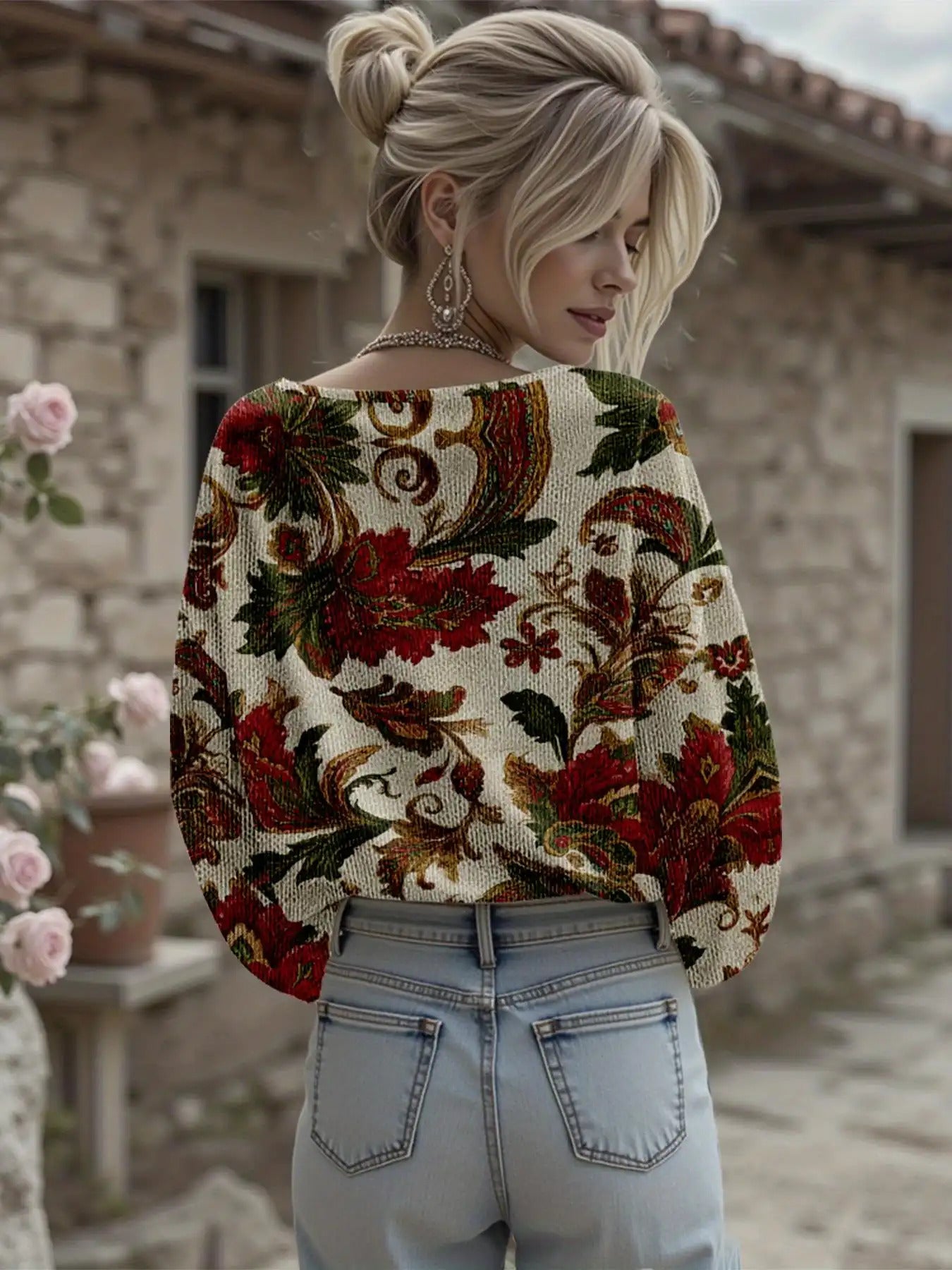 Dreamcore Women’s Plus-Size Knit Hoodie: French Street Vibe, 3D Retro Floral Print – V-Neck & Drop Shoulders, Soft Loose Spring/Autumn Outerwear, Like a Gentle Childhood Daydream (Daily/Work/Commute)