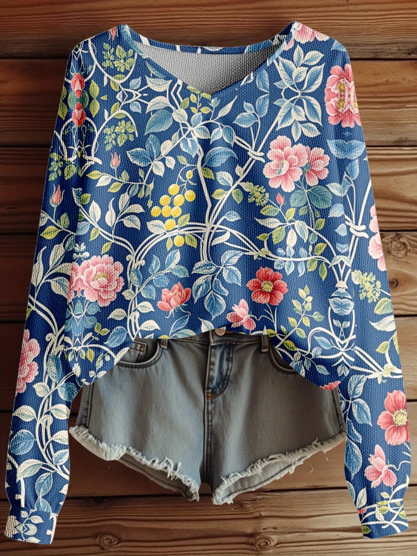 Dreamcore Plus-Size Sweater Jacket: French-Inspired V-Neck, 3D Floral Print & Asymmetric Hem – Soft Winter Warmth, Like a Childhood Dream in Pastels (White/Pink/Green/Blue)