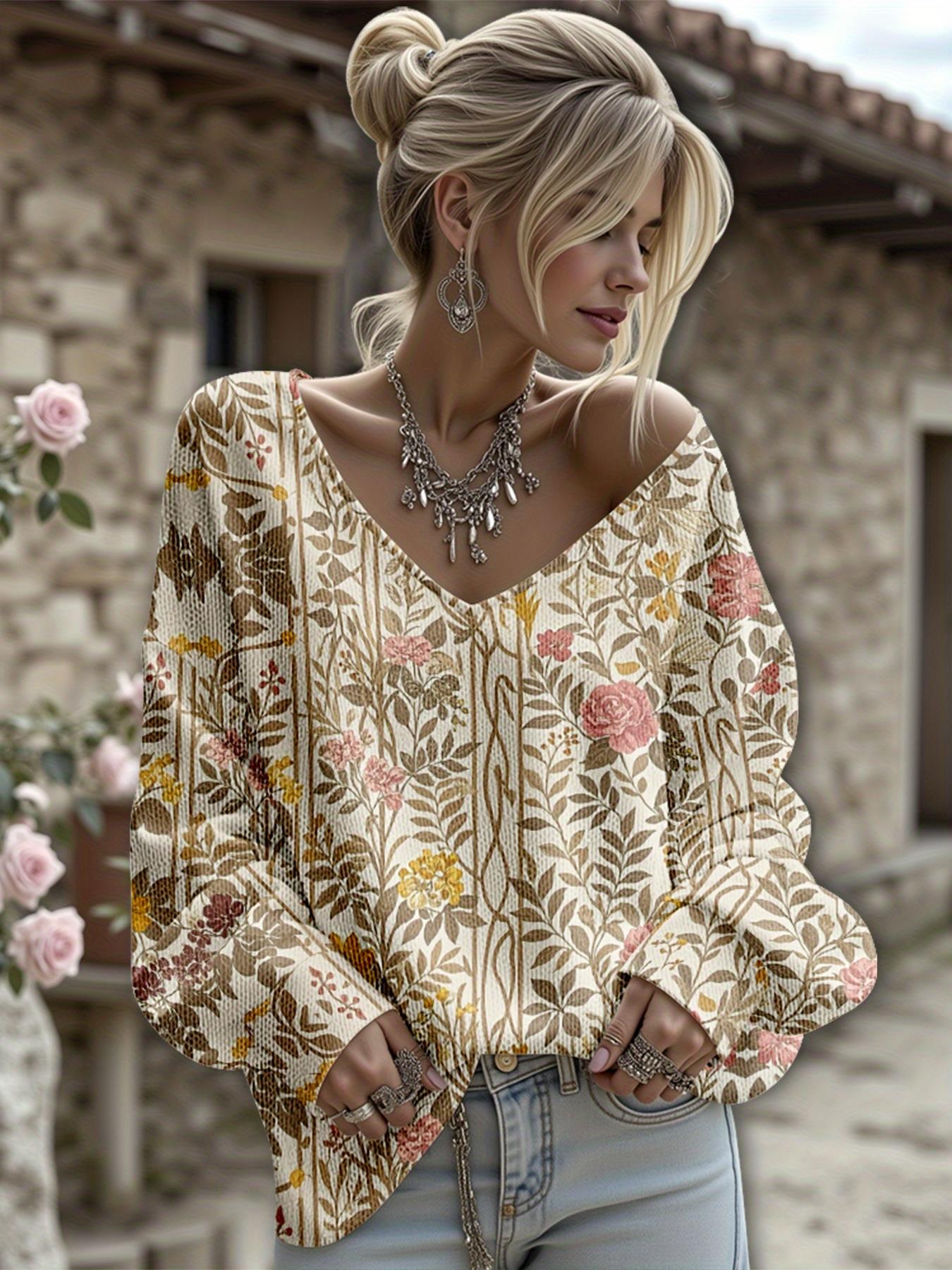 Dreamcore Women’s Plus-Size Knit Hoodie: French Street Vibe, 3D Retro Floral Print – V-Neck, Drop Shoulders & Soft Loose Fit, Spring/Autumn Outerwear Like a Gentle Childhood Daydream (Daily Wear)