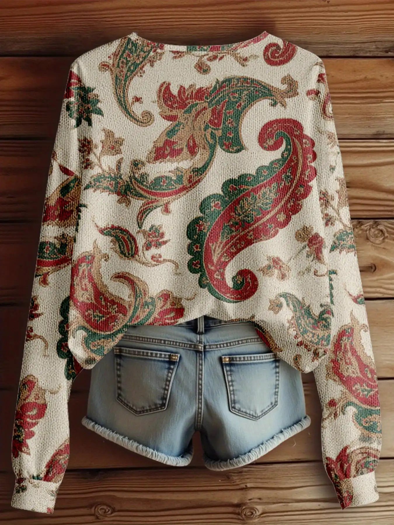 Dreamcore Plus Size Women's French Street Style Sweater Jacket: 3D Retro Paisley Print, V-Neck & Asymmetric Hem – Soft Loose Winter Outerwear, Like a Nostalgic Childhood Whisper