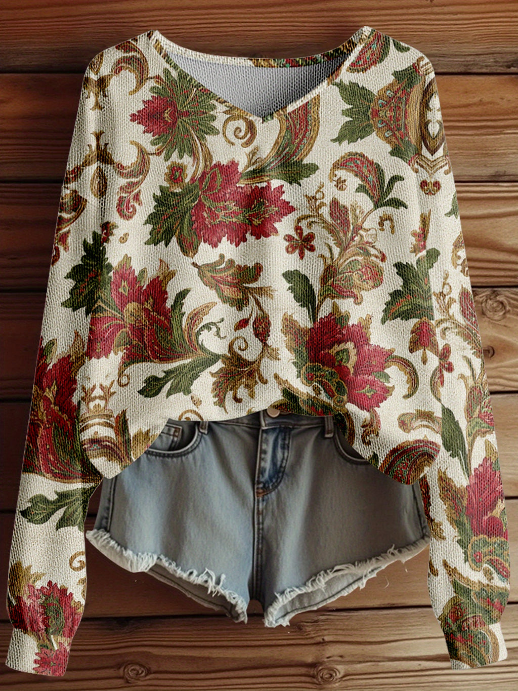 Dreamcore Women’s Plus-Size Knit Hoodie: French Street Vibe, 3D Retro Floral Print – V-Neck & Drop Shoulders, Soft Loose Spring/Autumn Outerwear, Like a Gentle Childhood Daydream (Daily/Work/Commute)