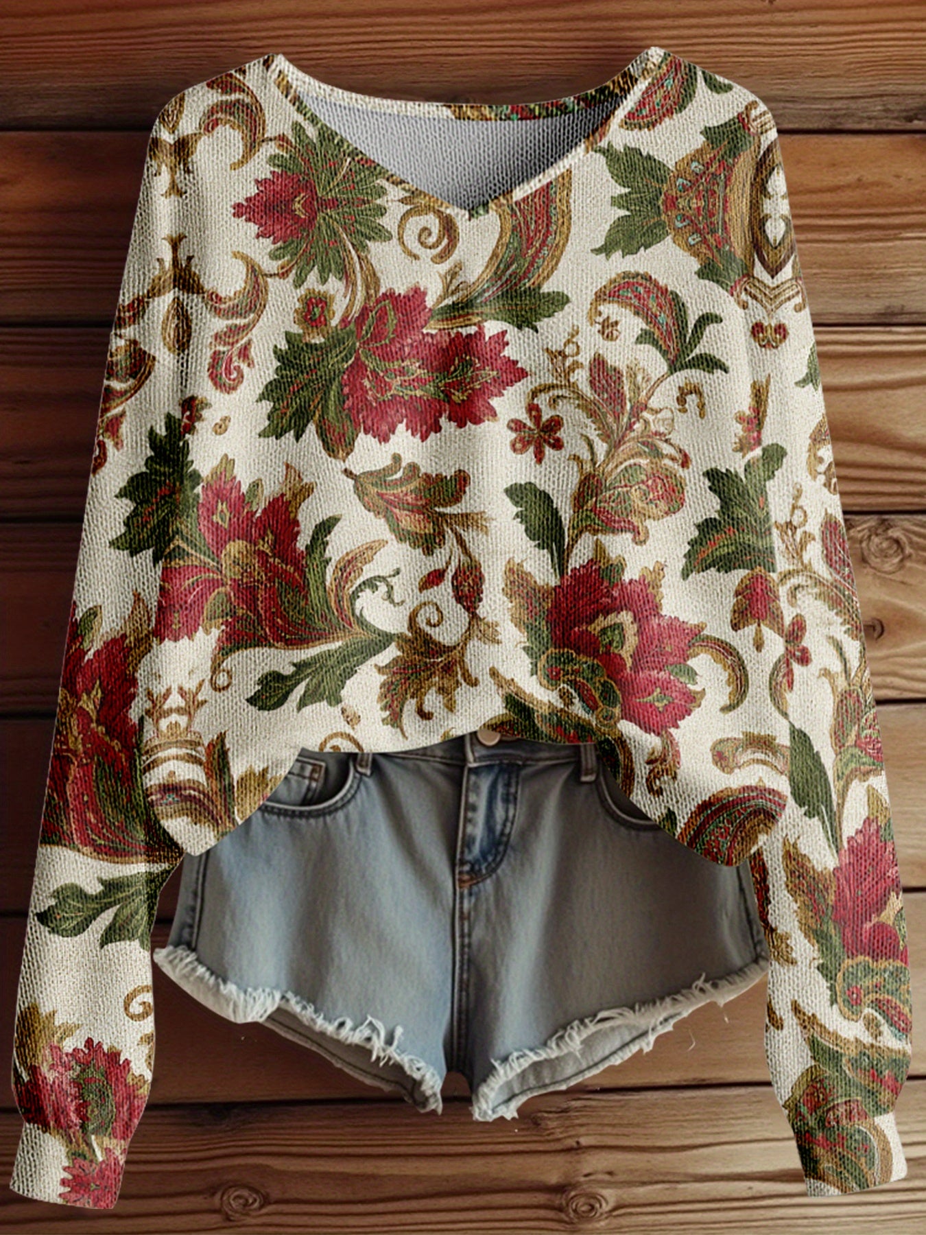 Dreamcore Women’s Plus-Size Knit Hoodie: French Street Vibe, 3D Retro Floral Print – V-Neck & Drop Shoulders, Soft Loose Spring/Autumn Outerwear, Like a Gentle Childhood Daydream (Daily/Work/Commute)