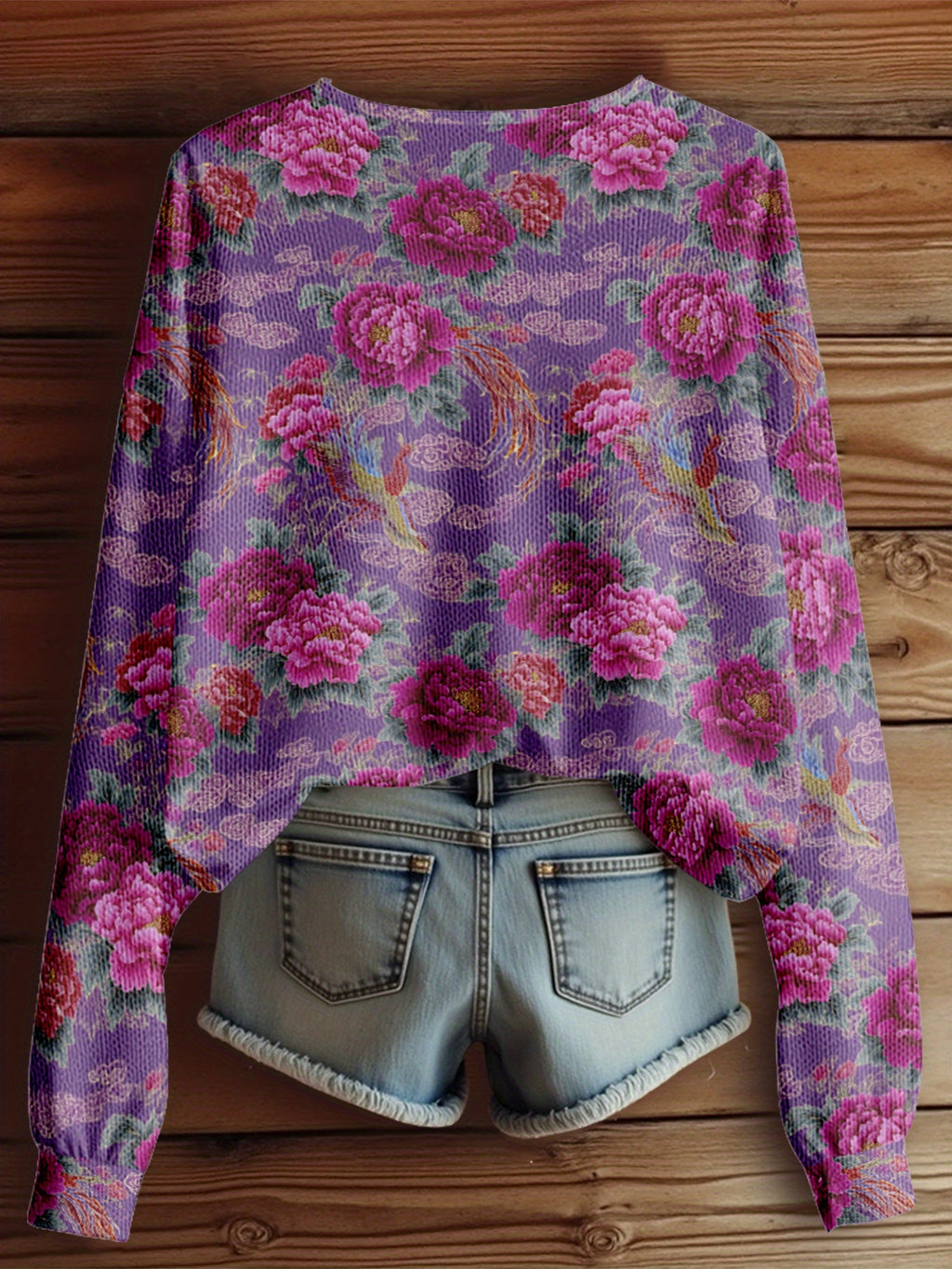 Dreamcore Women’s Plus-Size Knit Jacket: French Floral Print, V-Neck & Drop Shoulders – Soft Spring/Autumn Wear, Like a Nostalgic Childhood Daydream Travel Women’s Top European and American Loose Plus-Size Women’s Clothing