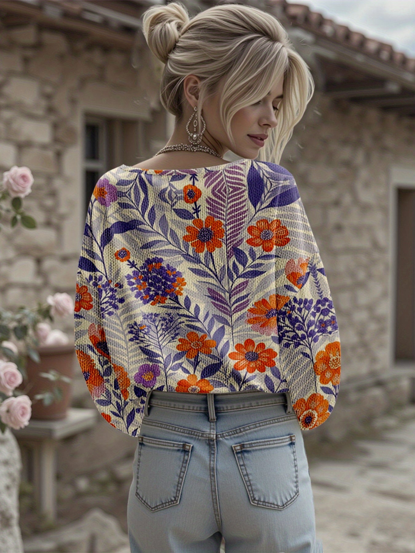 Dreamcore Plus-Size Women’s Sweater Jacket: French Street Vibe, V-Neck & Asymmetric Hem – Soft Multicolor Floral Print, Winter Warmth Like a Childhood Daydream (Pink/Orange/Purple/Green/Yellow)