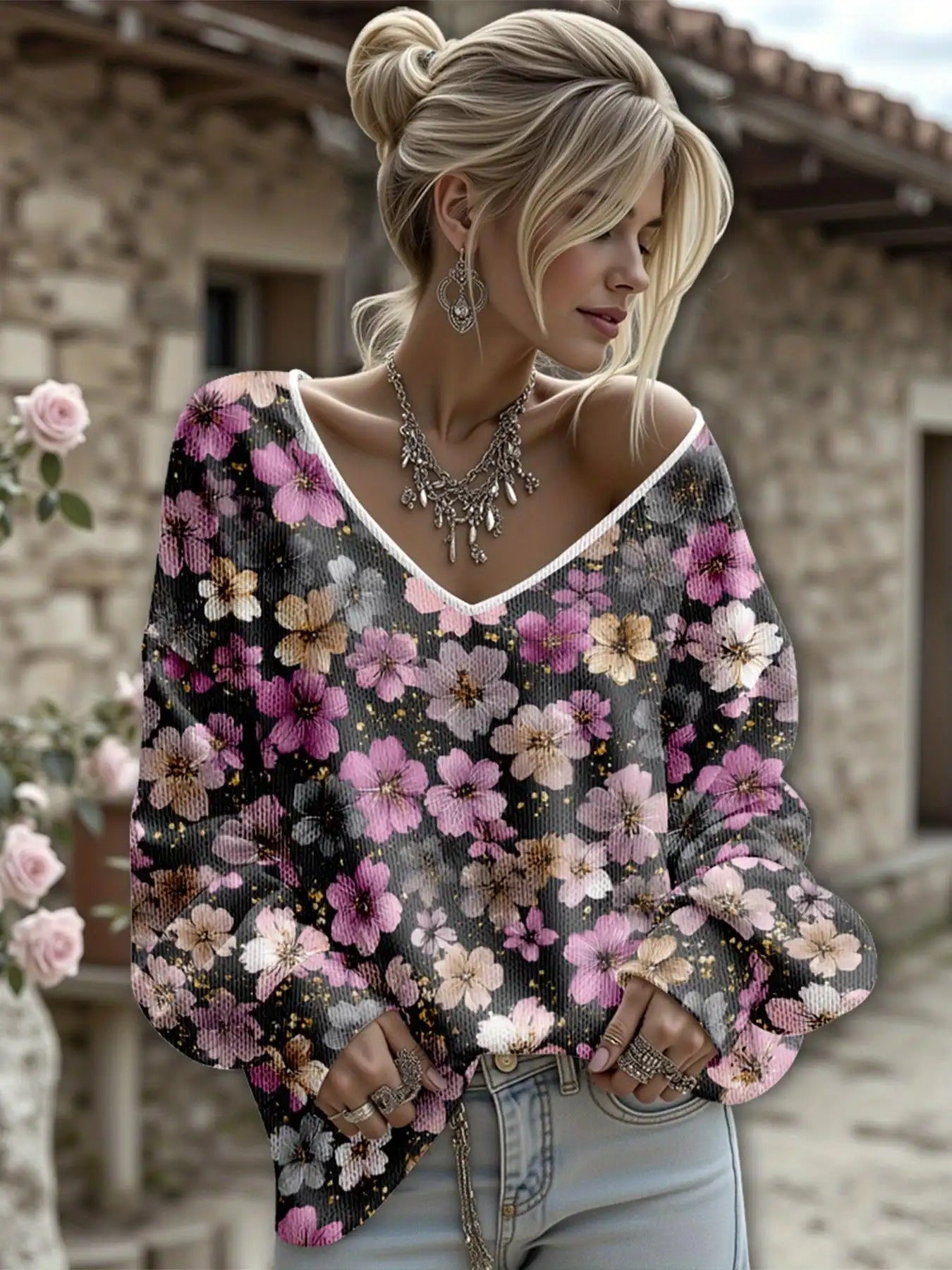 Dreamcore Women’s Plus-Size Off-Shoulder Sweater Jacket: 3D Rendered Retro Print, Soft Loose Fit – Versatile Fashion Piece Like a Gentle Childhood Daydream (V-Neck)