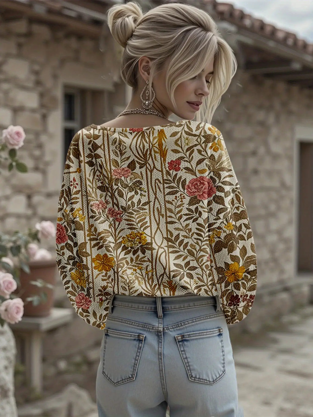 Dreamcore Women’s Plus-Size Knit Hoodie: French Street Vibe, 3D Retro Floral Print – V-Neck, Drop Shoulders & Soft Loose Fit, Spring/Autumn Outerwear Like a Gentle Childhood Daydream (Daily Wear)