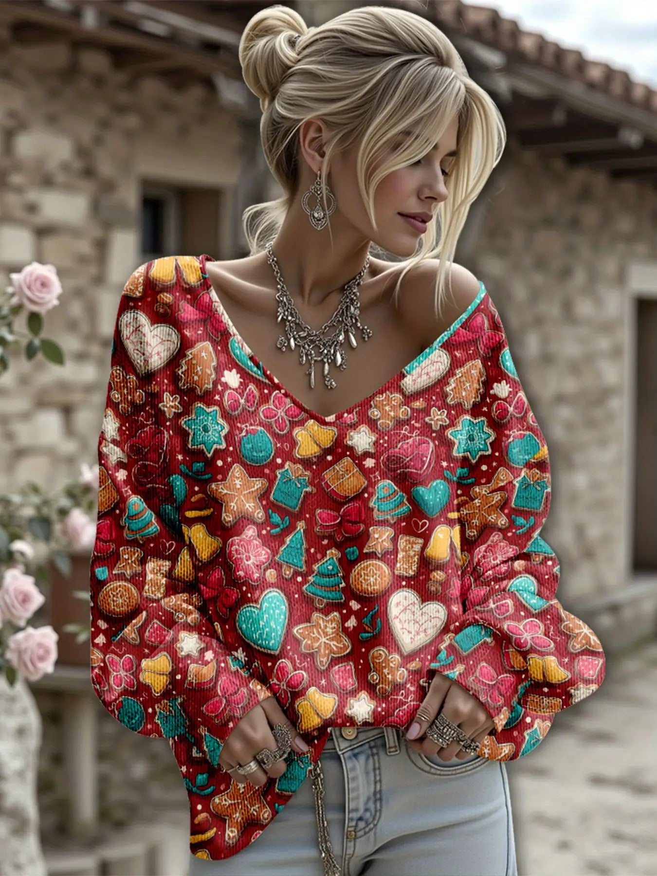 Dreamcore Plus-Size Women’s V-Neck Sweater Jacket: Retro Colorful Heart & Gingerbread Print (Turquoise/Red/Pink) – Soft Loose Winter Outerwear, Like a Sweet Childhood Daydream (Casual/Office/Outdoor, Washable)