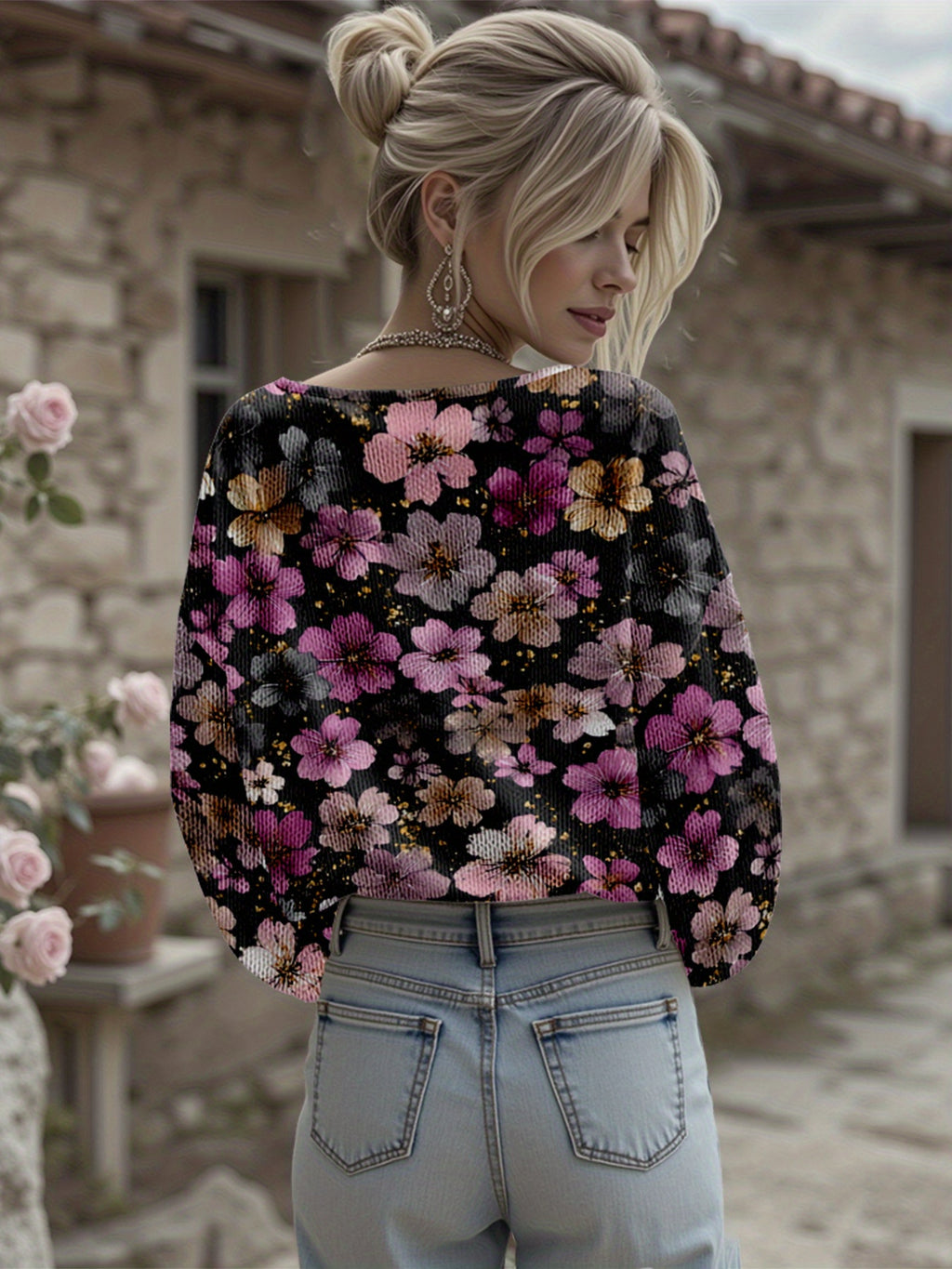 Dreamcore Women’s Plus-Size Off-Shoulder Sweater Jacket: 3D Rendered Retro Print, Soft Loose Fit – Versatile Fashion Piece Like a Gentle Childhood Daydream (V-Neck)