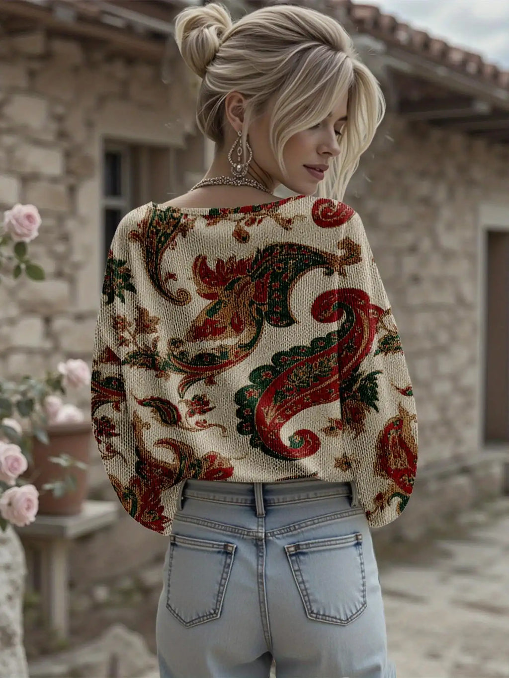 Dreamcore Plus Size Women's French Street Style Sweater Jacket: 3D Retro Paisley Print, V-Neck & Asymmetric Hem – Soft Loose Winter Outerwear, Like a Nostalgic Childhood Whisper