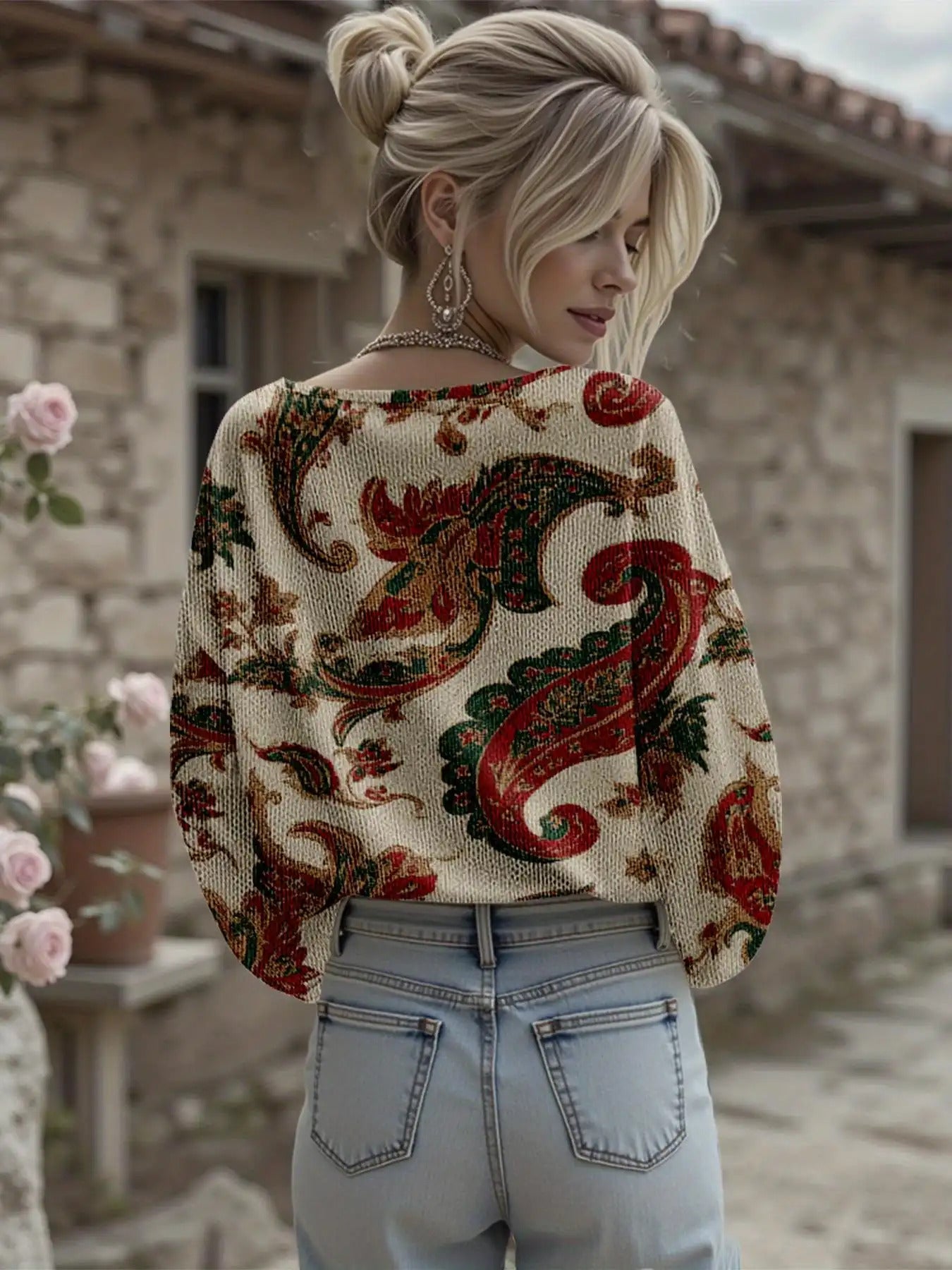 Dreamcore Plus Size Women's French Street Style Sweater Jacket: 3D Retro Paisley Print, V-Neck & Asymmetric Hem – Soft Loose Winter Outerwear, Like a Nostalgic Childhood Whisper