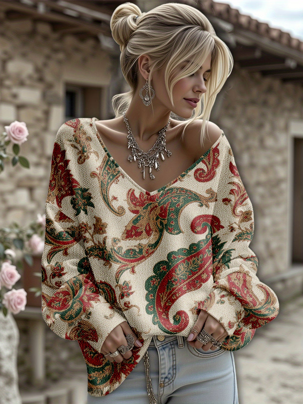 Dreamcore Plus Size Women's French Street Style Sweater Jacket: 3D Retro Paisley Print, V-Neck & Asymmetric Hem – Soft Loose Winter Outerwear, Like a Nostalgic Childhood Whisper