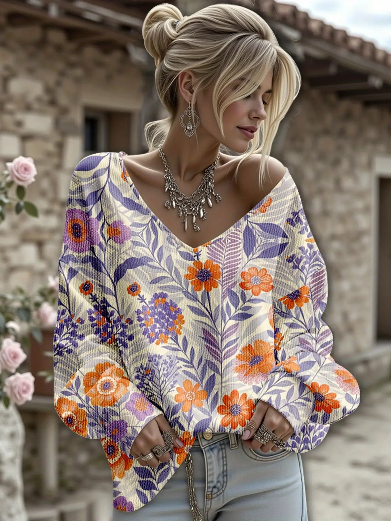 Dreamcore Plus-Size Women’s Sweater Jacket: French Street Vibe, V-Neck & Asymmetric Hem – Soft Multicolor Floral Print, Winter Warmth Like a Childhood Daydream (Pink/Orange/Purple/Green/Yellow)