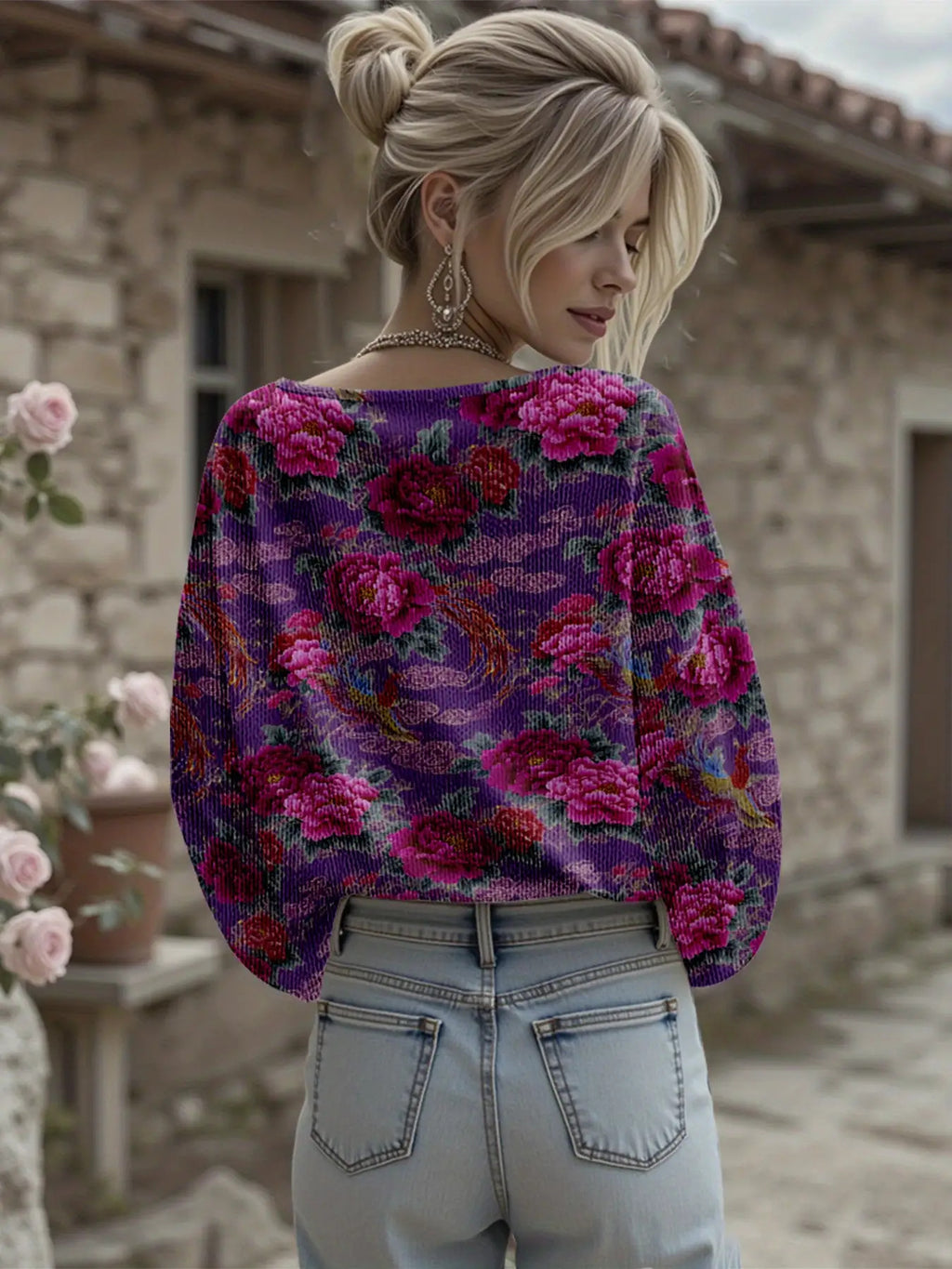 Dreamcore Women’s Plus-Size Knit Jacket: French Floral Print, V-Neck & Drop Shoulders – Soft Spring/Autumn Wear, Like a Nostalgic Childhood Daydream Travel Women’s Top European and American Loose Plus-Size Women’s Clothing